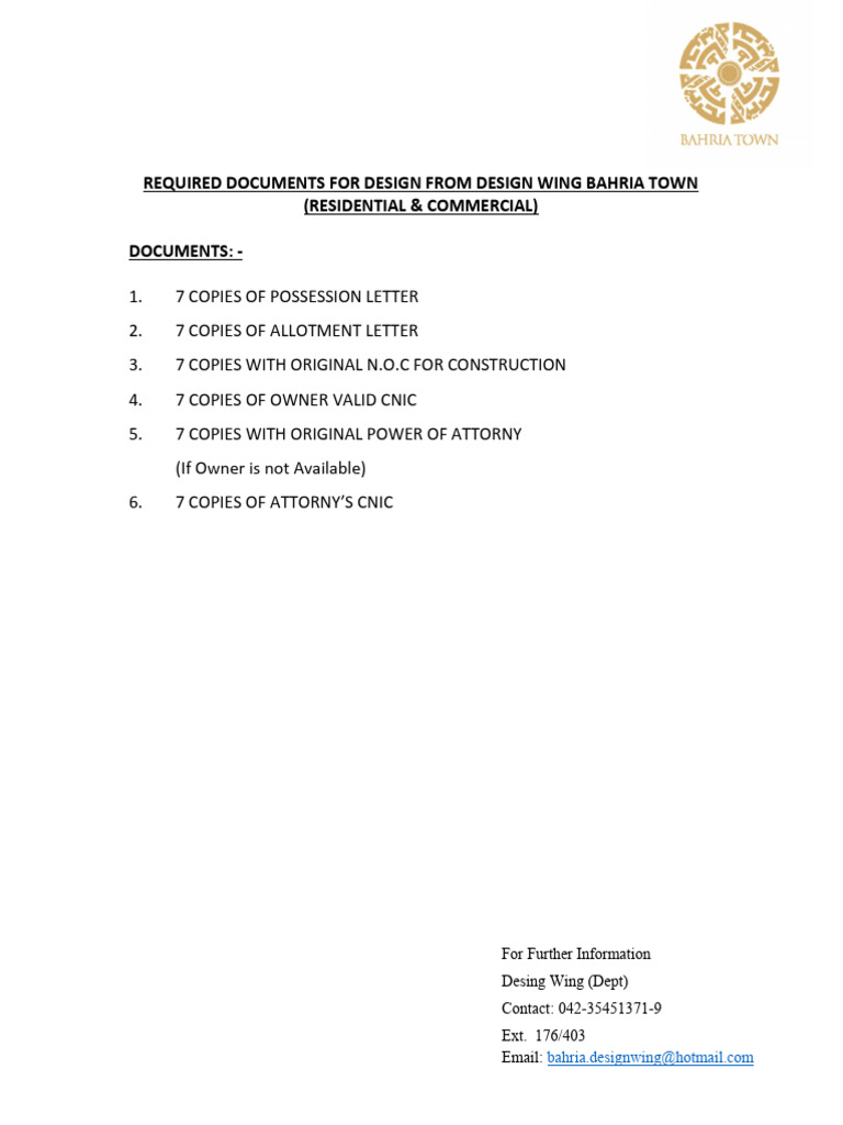 Required Design Documents for Bahria Town | PDF