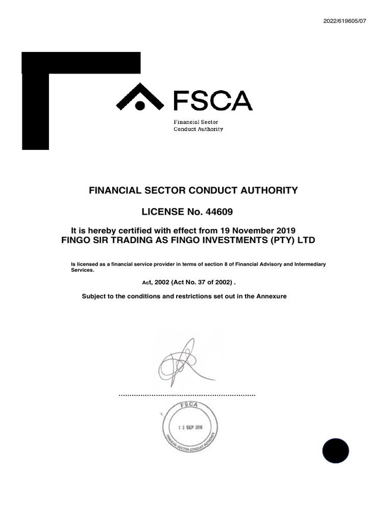 Fingo Investments FSP License Certificate | PDF