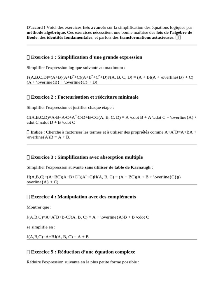 Exercices avancés de simplification logique | PDF | Algèbre de Boole ...