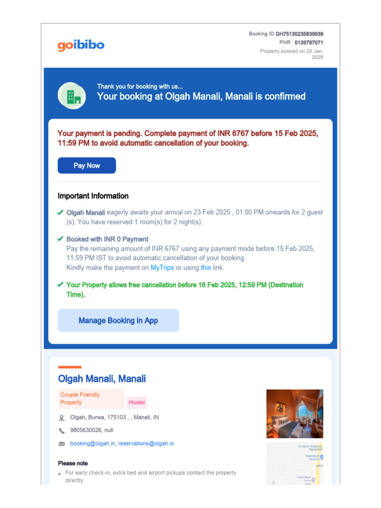 Olgah Manali Booking Confirmation Details | PDF | Fee | Payments