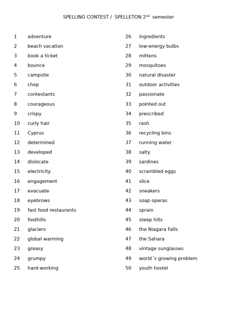 Spelling Contest Words for 2nd Semester | PDF