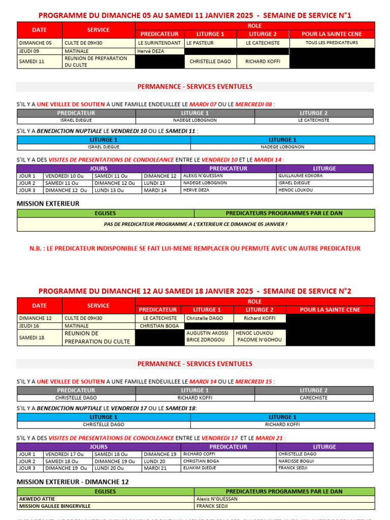 Programme de services religieux janvier 2025 | PDF