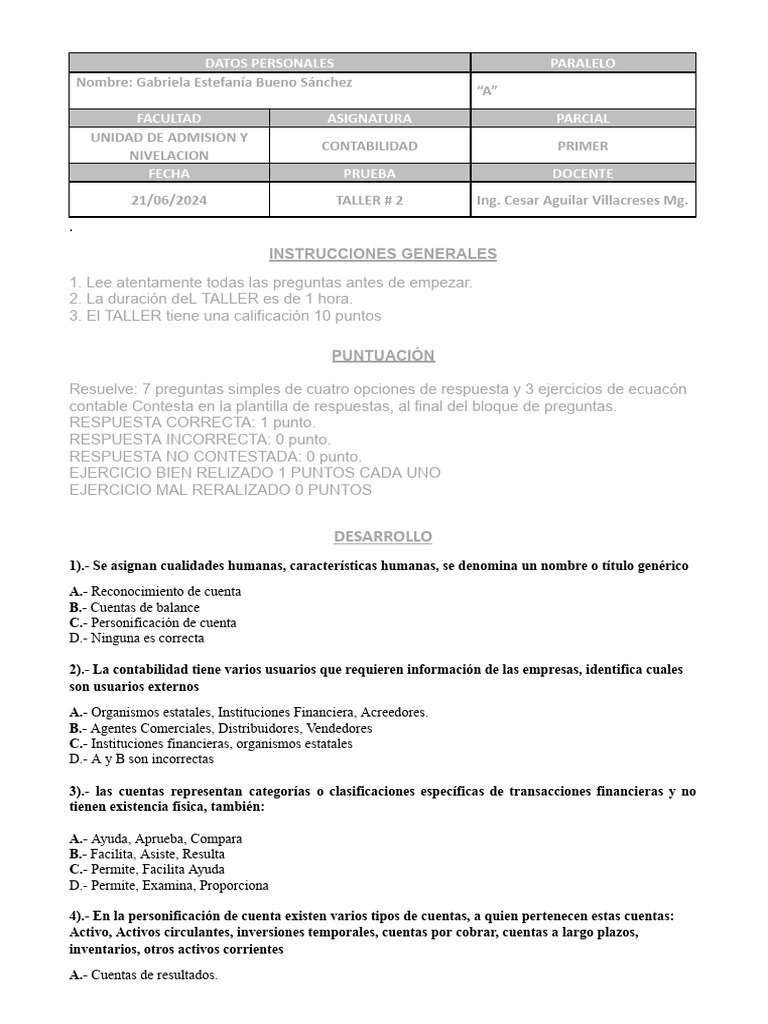 Taller 2 Primer Parcial | PDF | Contabilidad | Dinero