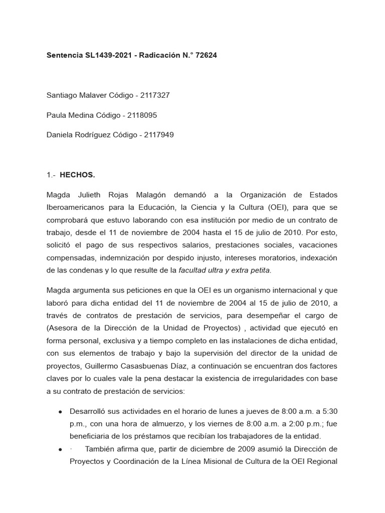 Sentencia sobre contrato laboral OEI 2004-2010 | PDF | Estatuto de