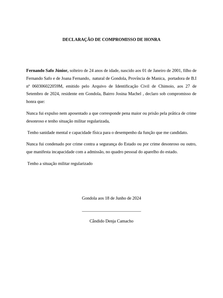 Modelo de Declaração de Compromisso de Honra | PDF