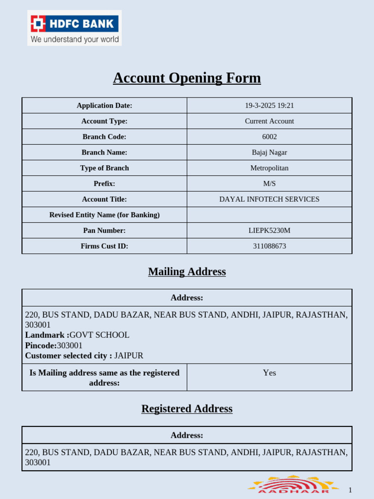 HDFC Current Account Opening Form | PDF | Credit Card | Banking