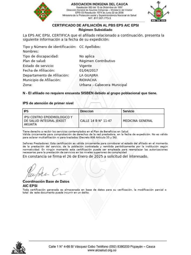 Certificado de Afiliación AIC EPSI | PDF