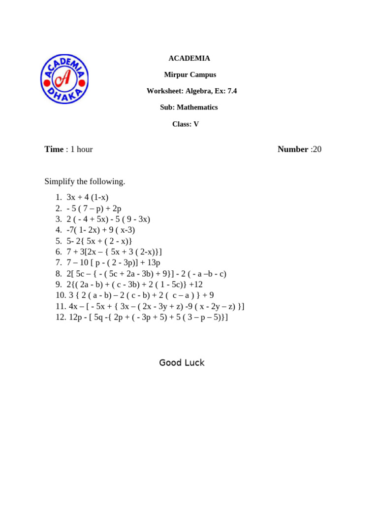 Std. V Final Term Algebra Worksheet 2024-2025 | PDF