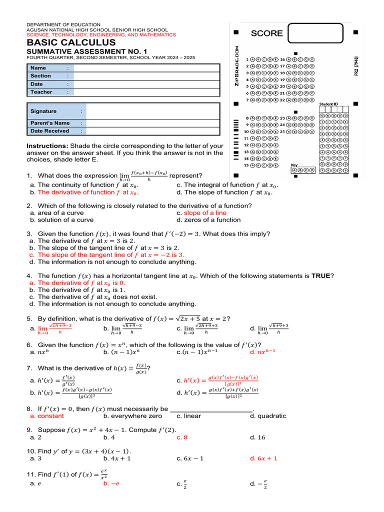 ASNWER-KEY-SUMMATIVE-1 (2) | PDF | Slope | Derivative