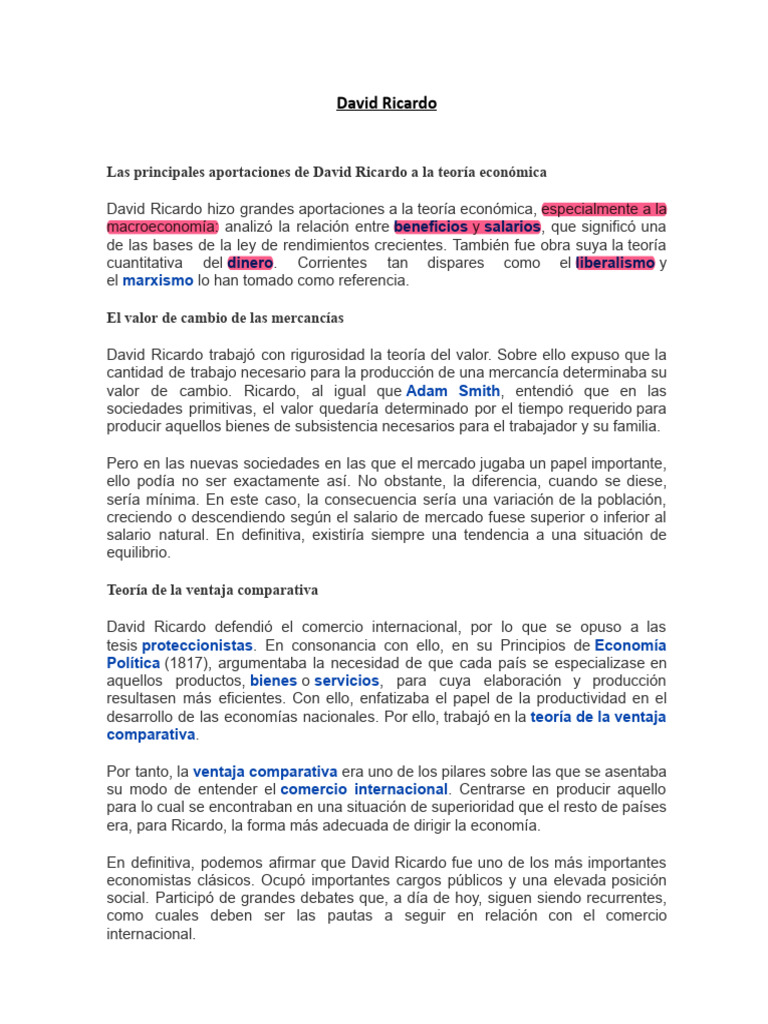 Aportaciones de David Ricardo a la economía | PDF | Ventaja comparativa ...
