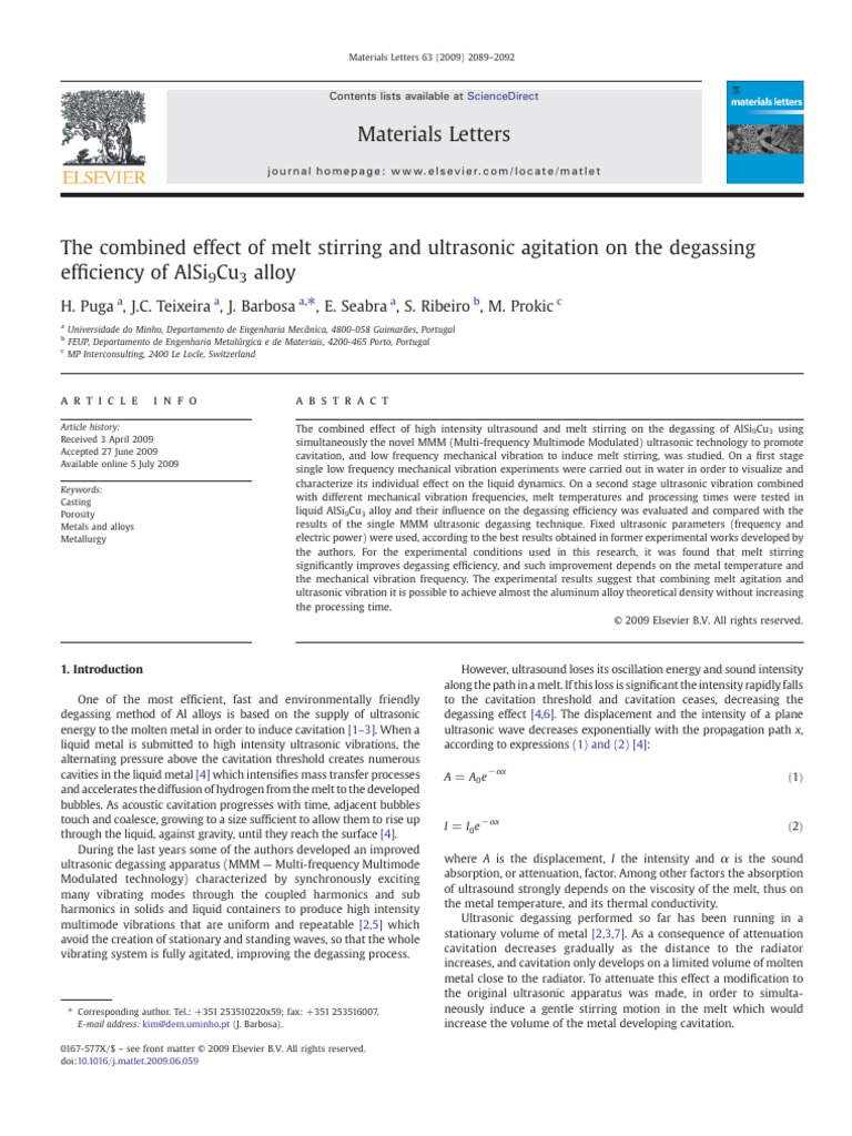 Ultrasonic and Melt Stirring Effects on AlSi9Cu3 Degassing | PDF ...