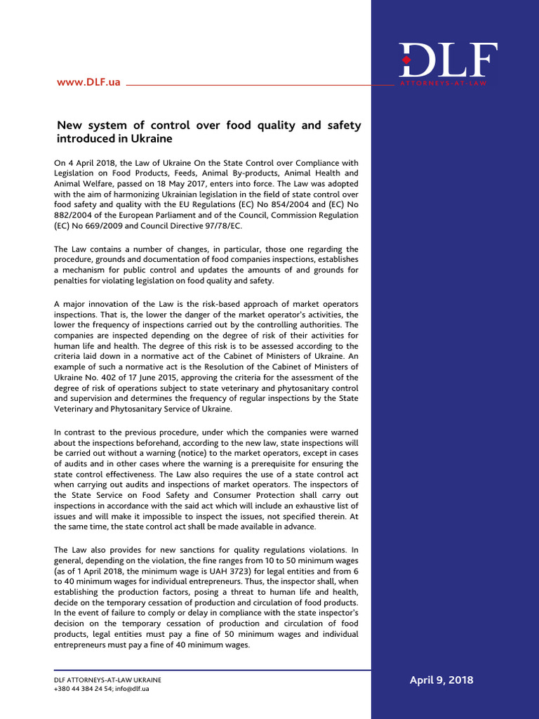 Ukraine's New Food Safety Law 2018 | PDF | Safety | Food Safety