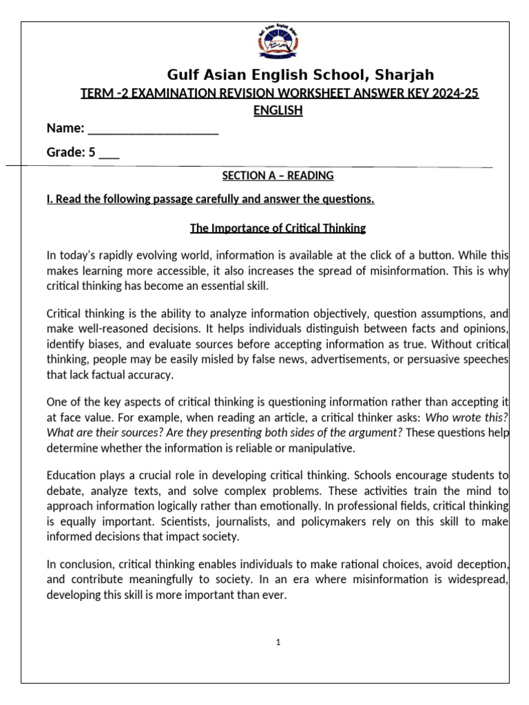 Grade 5 English Revision Worksheet Key | PDF | Critical Thinking | Thought