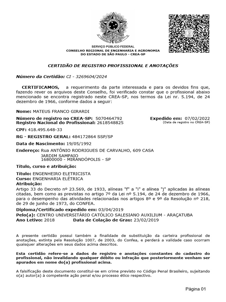 Certidão de Registro Profissional CREA-SP | PDF