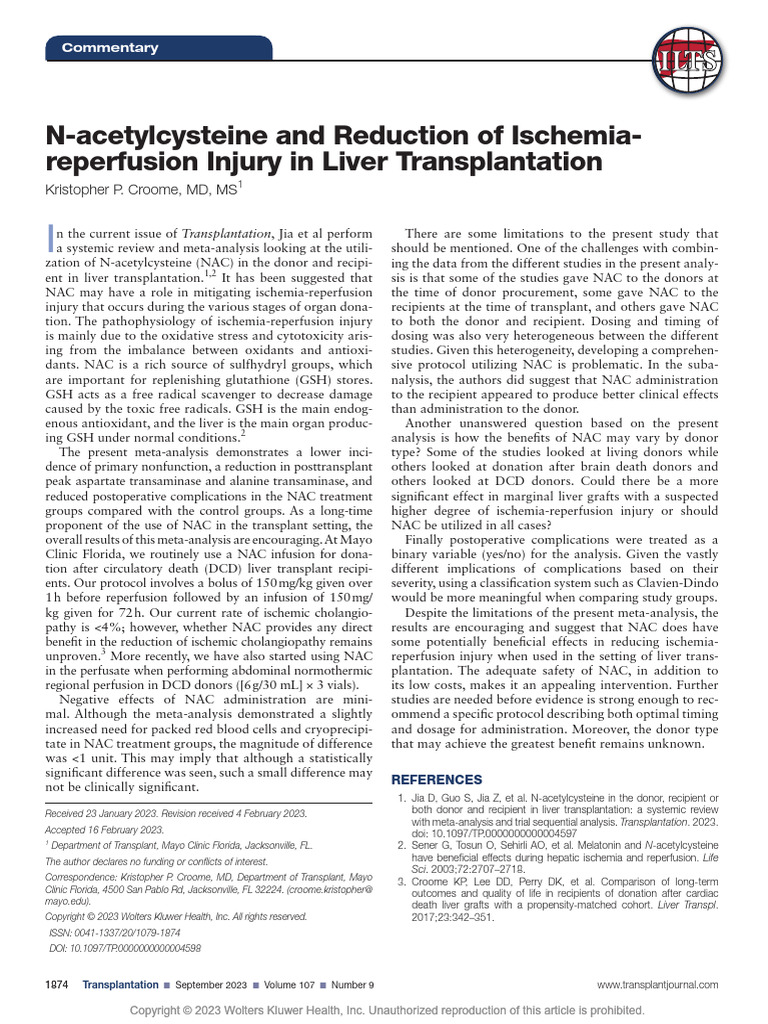 N-Acetylcysteine and Reduction of Ischemia-Reperfusion Injury in Liver ...
