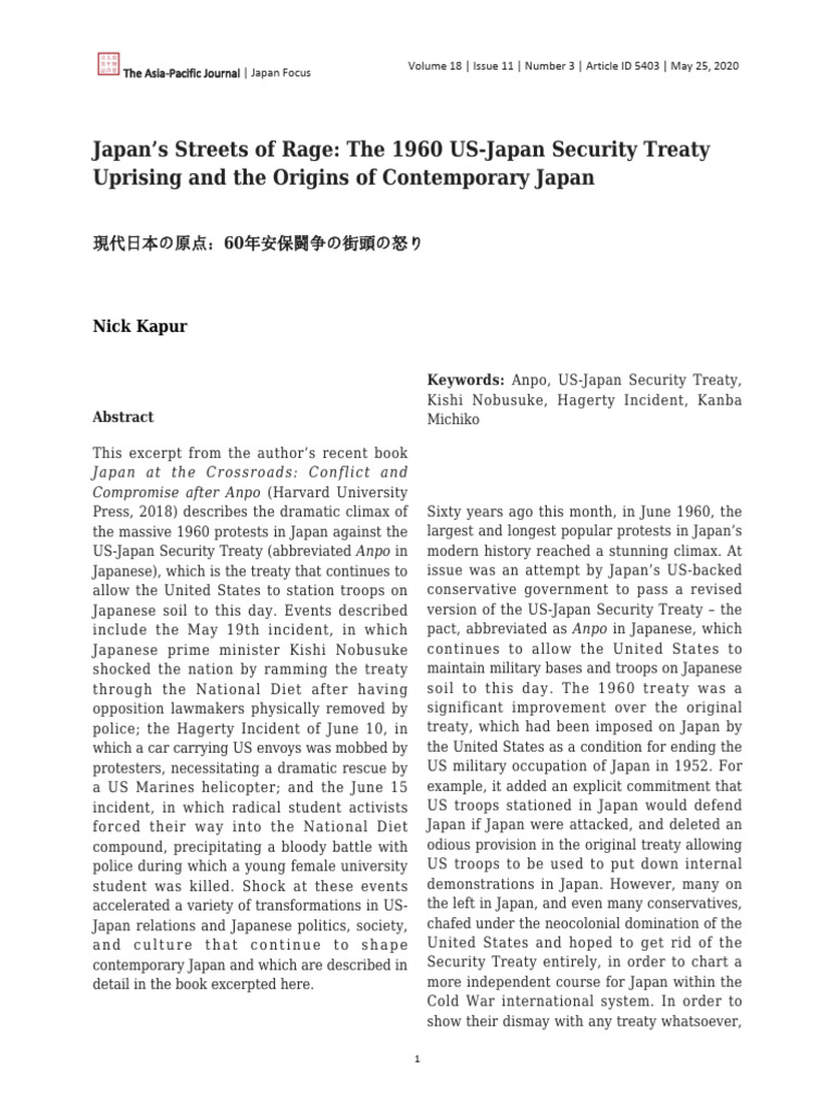 KAPUR. Japan's Streets of Rage The 1960 US-Japan Security Treaty | PDF ...