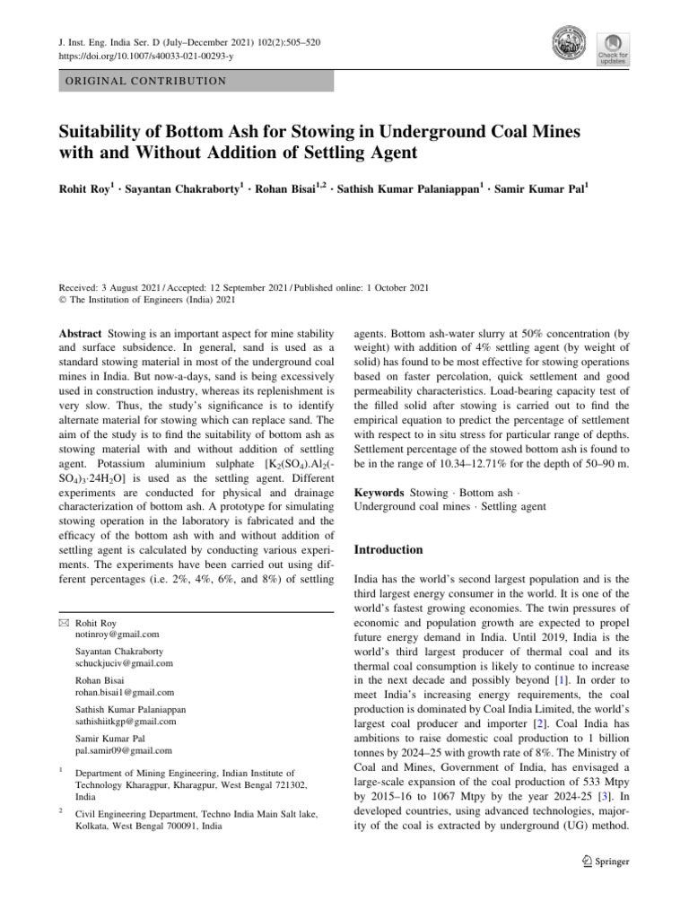 Suitability of Bottom Ash for Stowing in Underground Coal Mines with ...