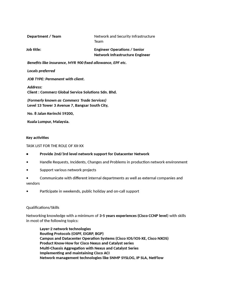 Senior Network Infrastructure Engineer Role | PDF