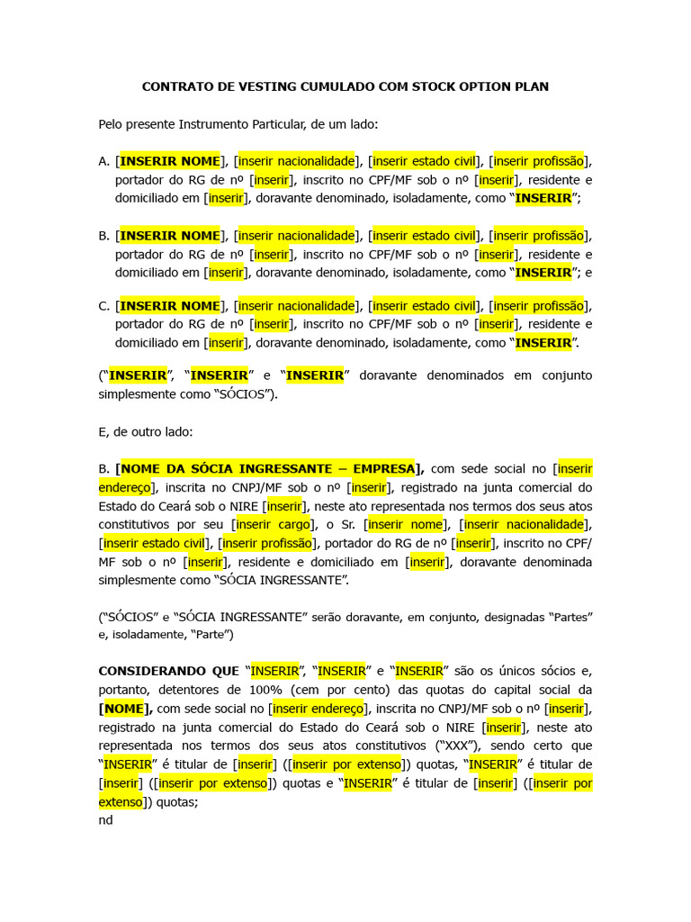 Contrato de Vesting e Stock Option Plan | PDF | Opção (finanças ...