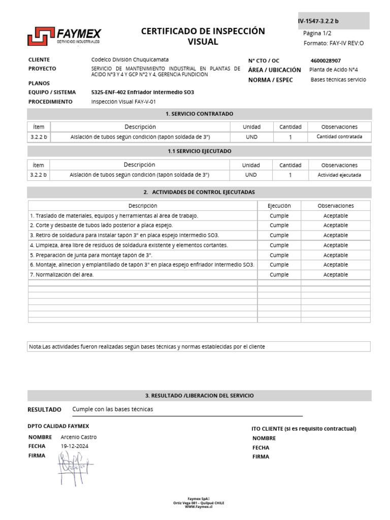 Certificado de Inspección Visual: Página 1/2 Formato: FAY-IV REV:O | PDF