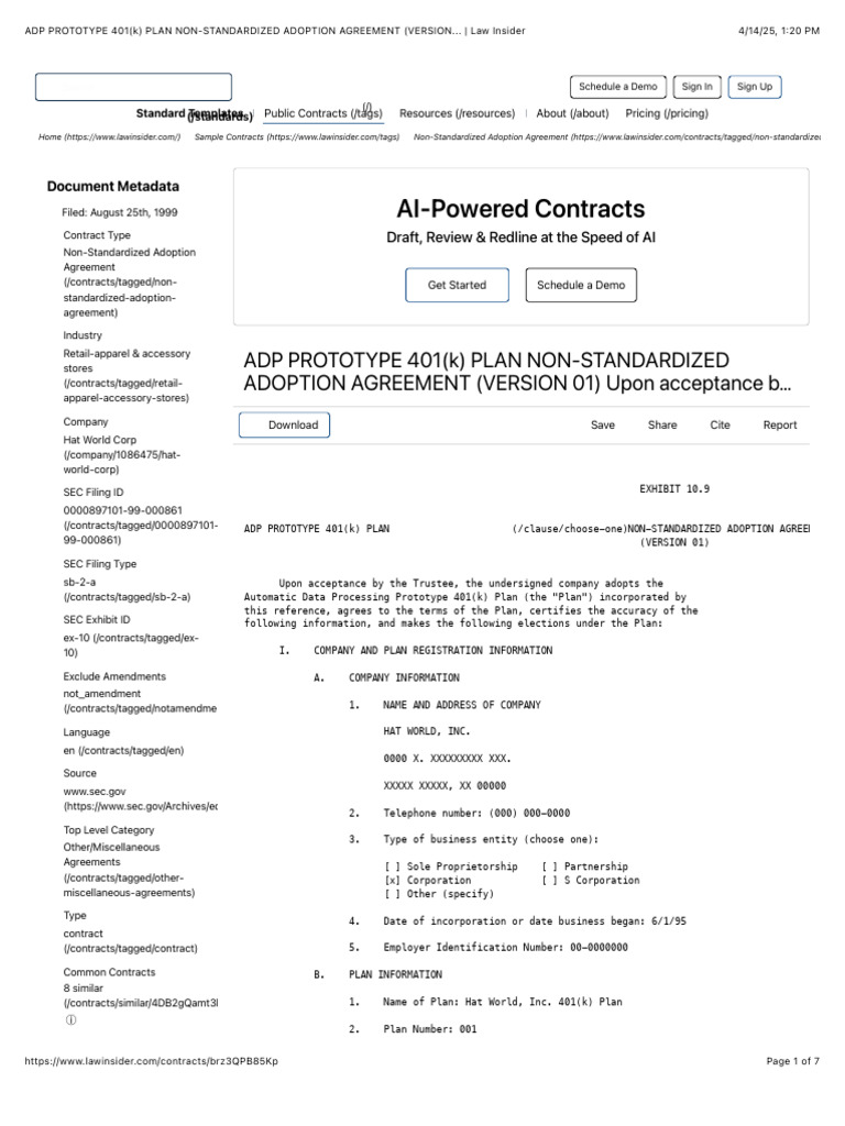ADP PROTOTYPE 401 (K) PLAN NONSTANDARDIZED ADOPTION AGREEMENT (VERSION