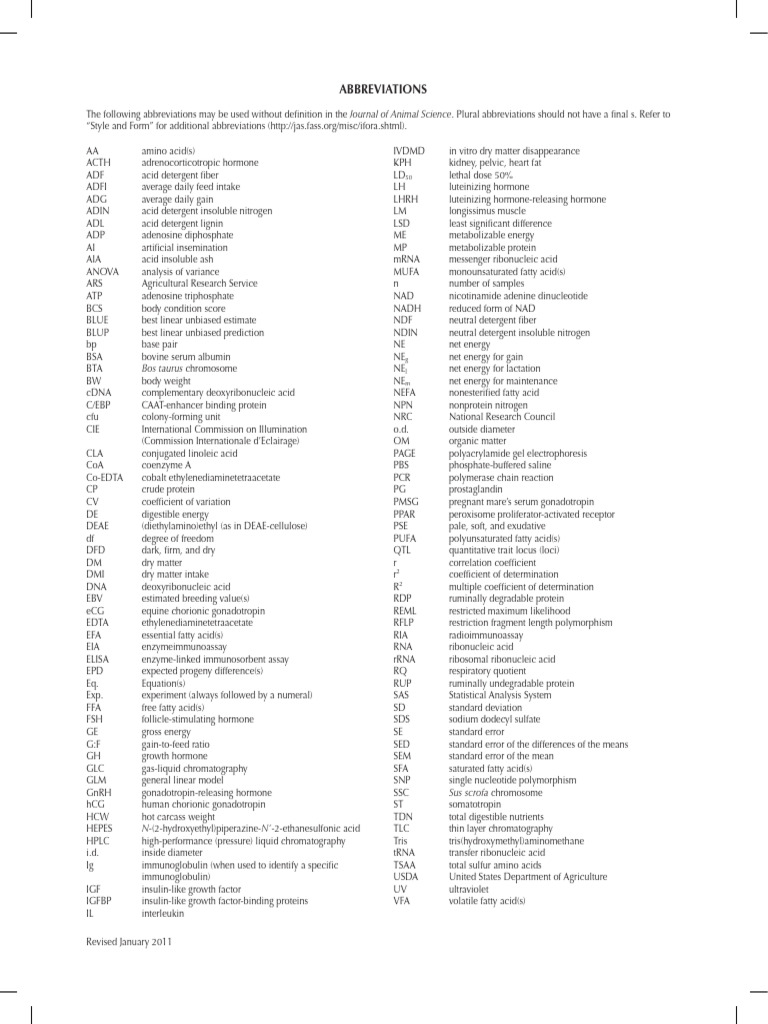 Journal of Animal Science Abbreviations | PDF | Nicotinamide Adenine ...