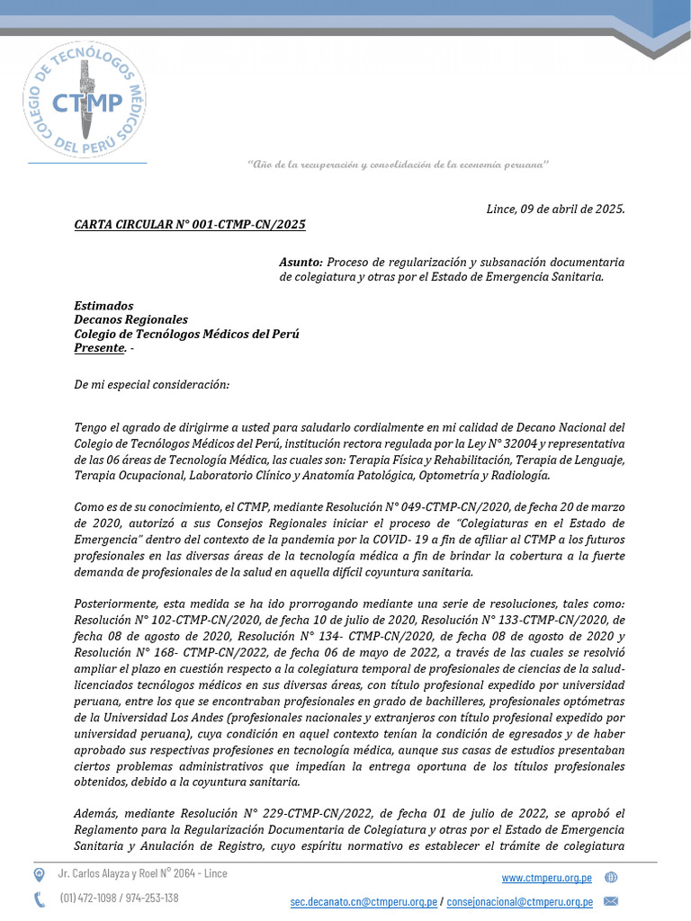 Regularización de Colegiaturas CTMP 2025 | PDF | Perú