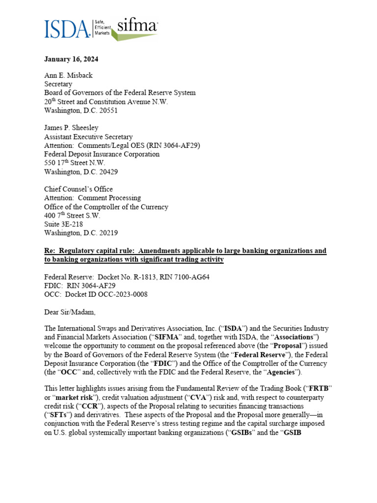 ISDA and SIFMA Response To US Basel III NPR | PDF | Derivative (Finance ...