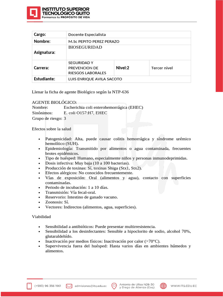 Ficha de Agente Biológico: E. coli EHEC | PDF | Ciencias de la Salud ...