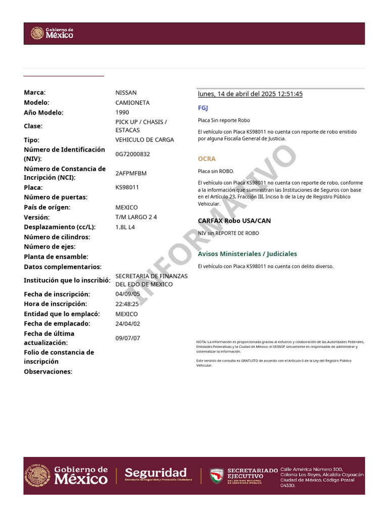 Consulta Repuve: Vehículo sin Robo | PDF | Vehículo de motor