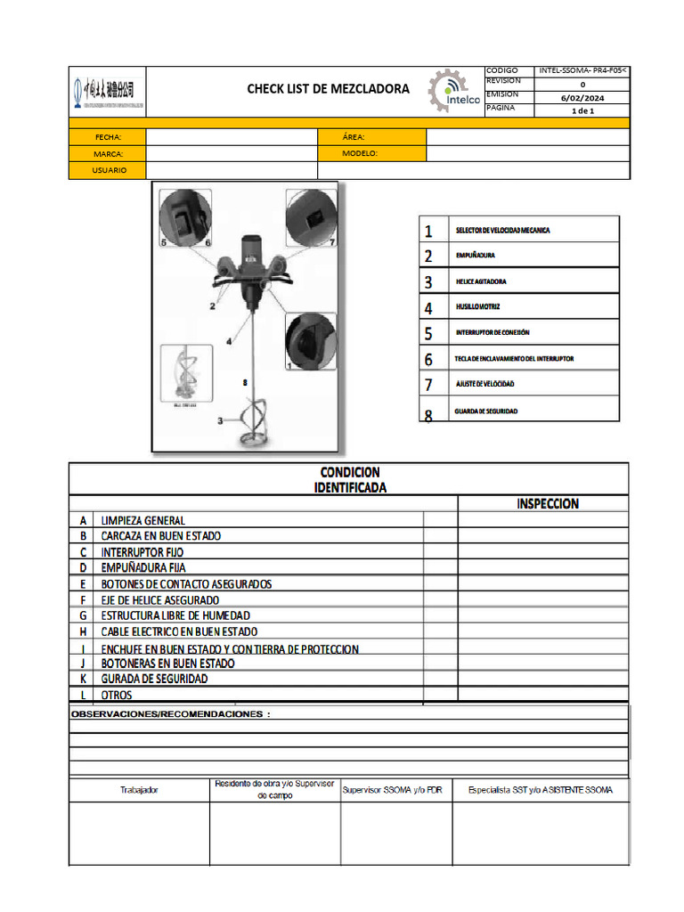 Checklist de Mantenimiento para Mezcladora | PDF