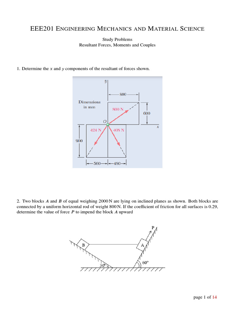 Study Problems - Forces, Moments and Couples | PDF | Force | Beam ...