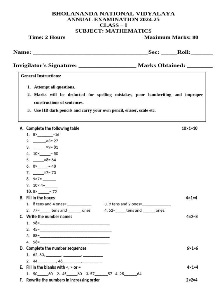 CLASS I, MATH QUESTION PAPER. FOR ANNUAL EXAM 2024-25 | PDF | Rupee