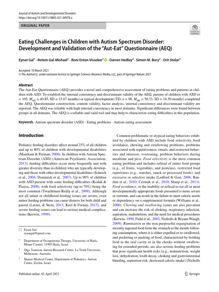 Aut-Eat Questionnaire for ASD Eating Issues | PDF | Autism ...