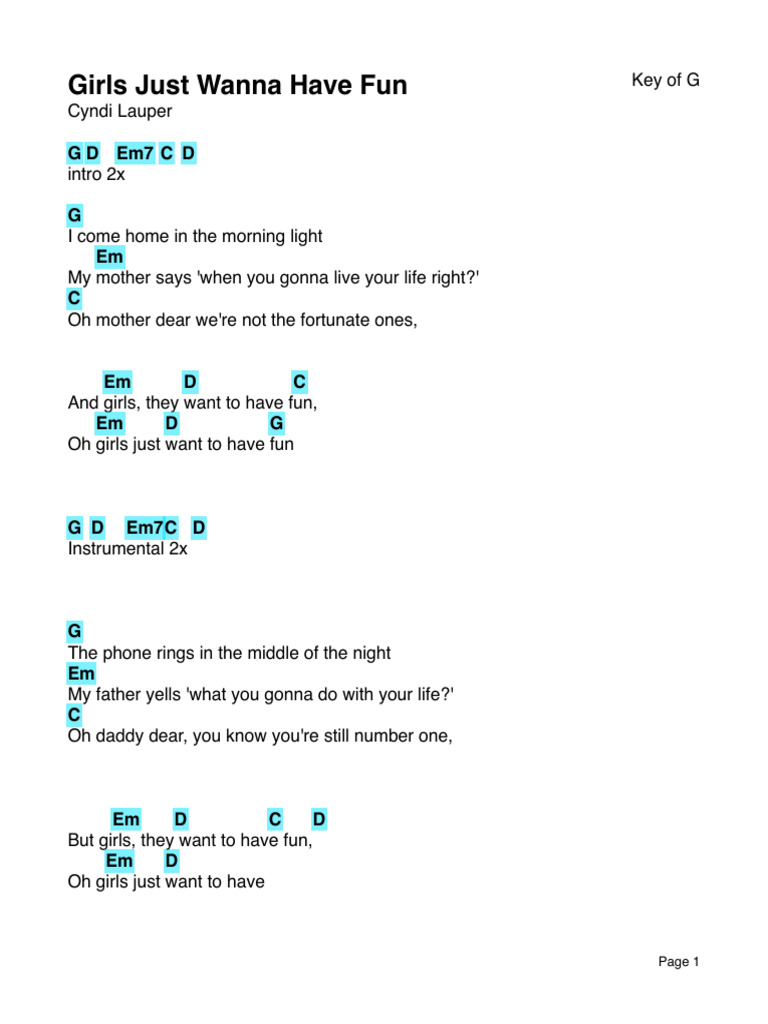 Girls Just Want to Have Fun Chords | PDF