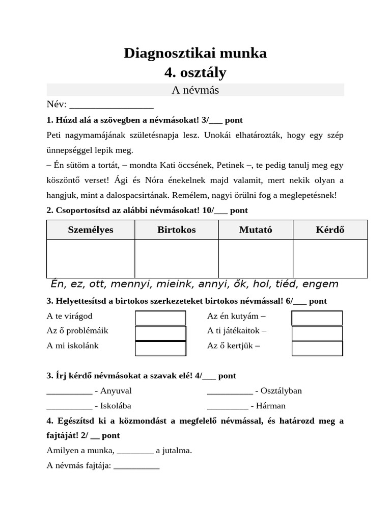 Diagnosztikai munka_Névmás | PDF