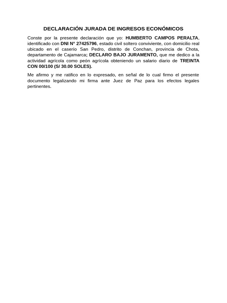 Declaración Jurada de Ingresos Económicos | PDF