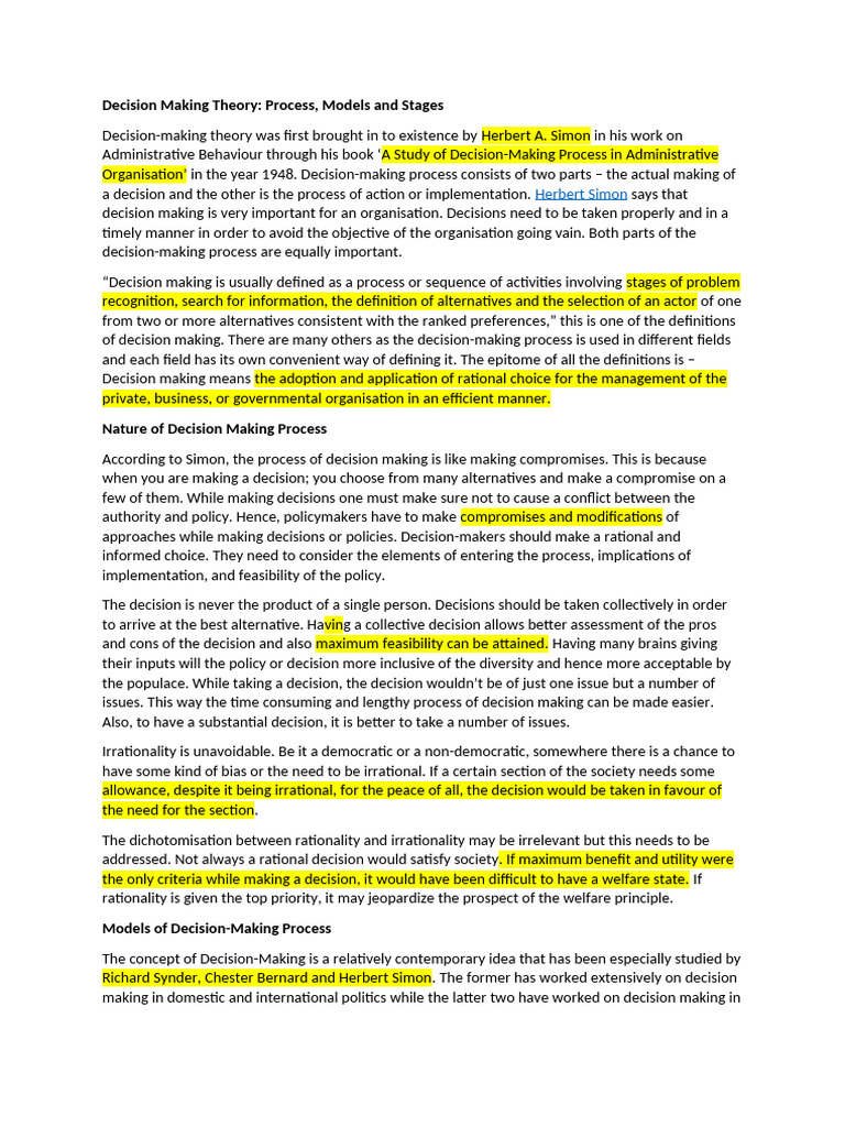 Herbert Simon's Decision-Making Theory | PDF | Decision Making | Policy