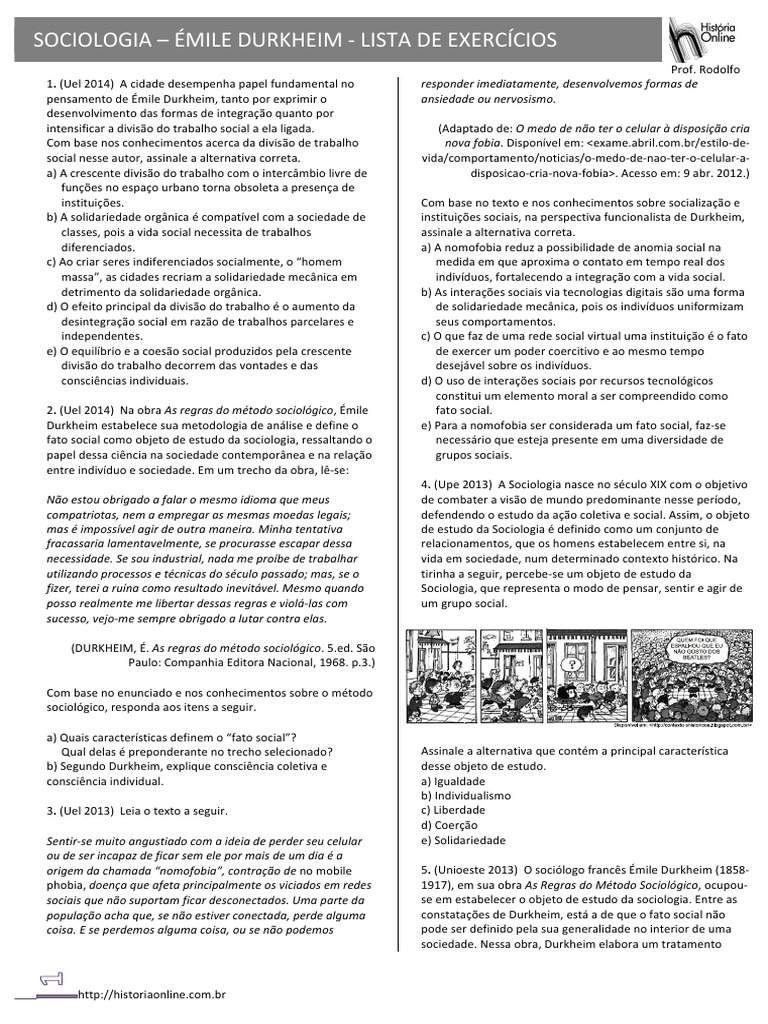 Exercícios sobre Durkheim e a Cidade | PDF | Émile Durkheim | Sociologia