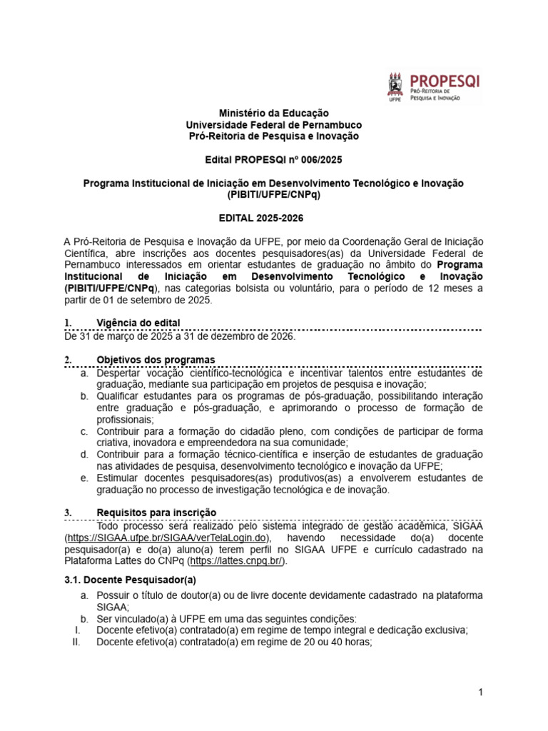 Edital PIBITI UFPE 2025-2026 | PDF | Pós-graduação | Inovação