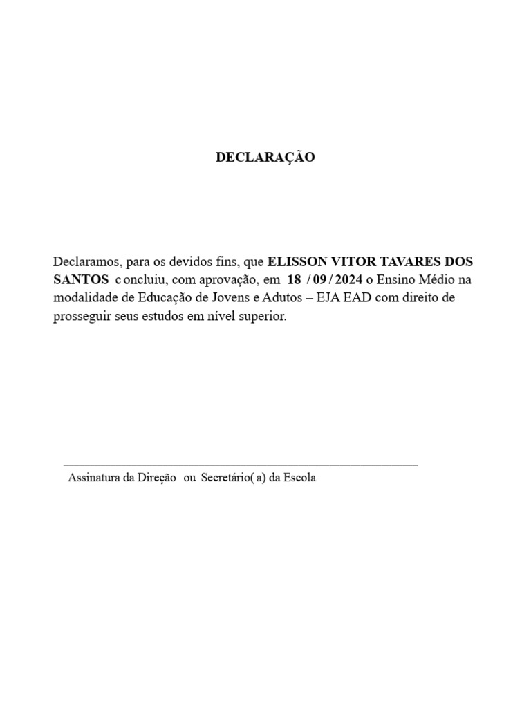 Declaração de Conclusão do Ensino Médio EJA | PDF