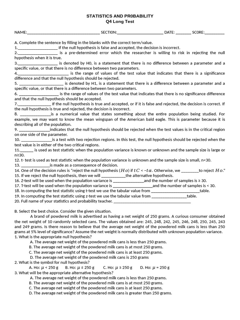 Statistics and Probability Q4 Test | PDF | Null Hypothesis ...