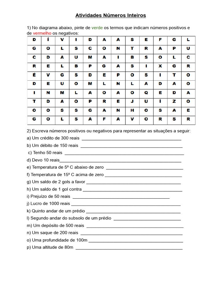 Atividades de Números Inteiros para Estudo | PDF