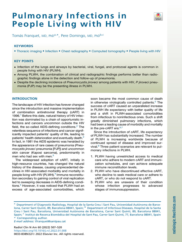 Pulmonary Infections in HIV Patients | PDF | Pneumonia | Infection