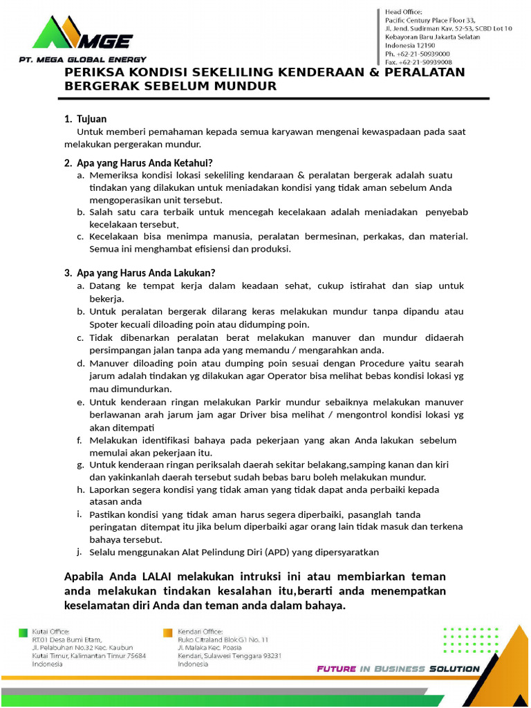 Periksa Kondisi Sekeliling Kenderaan & Peralatan Bergerak Sebelum ...