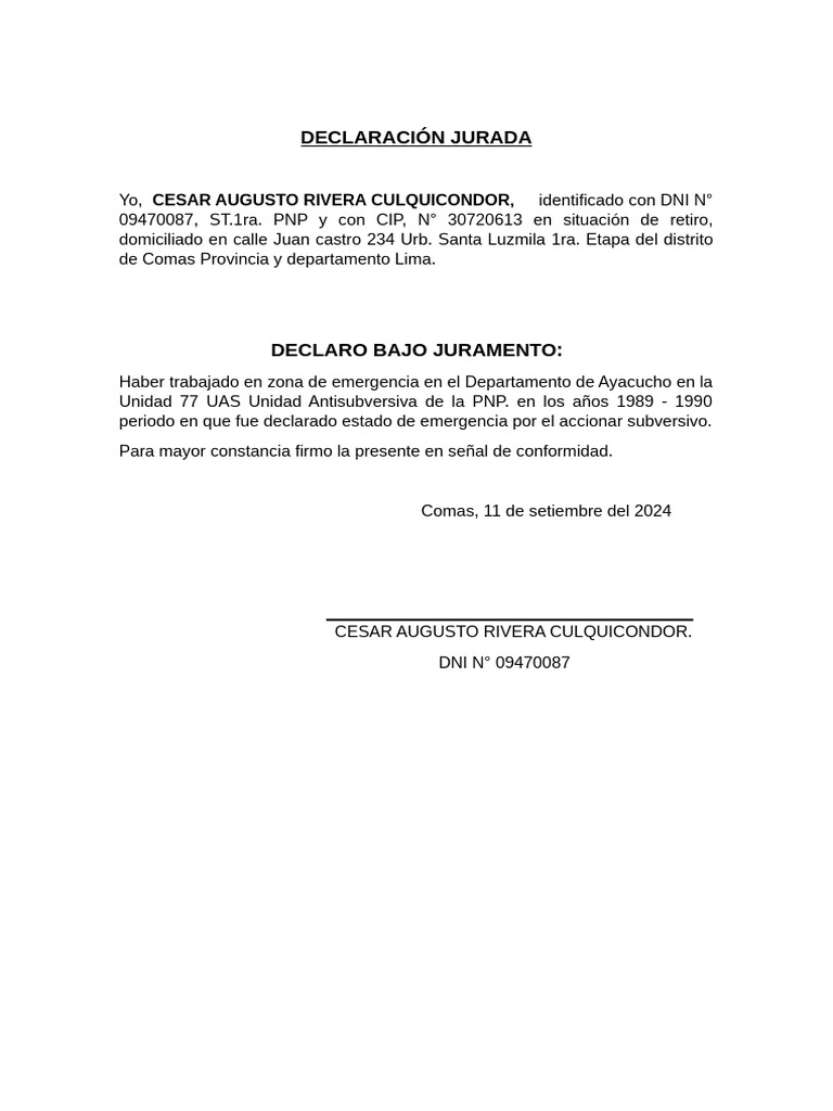Declaración Jurada de Trabajo en Emergencia | PDF