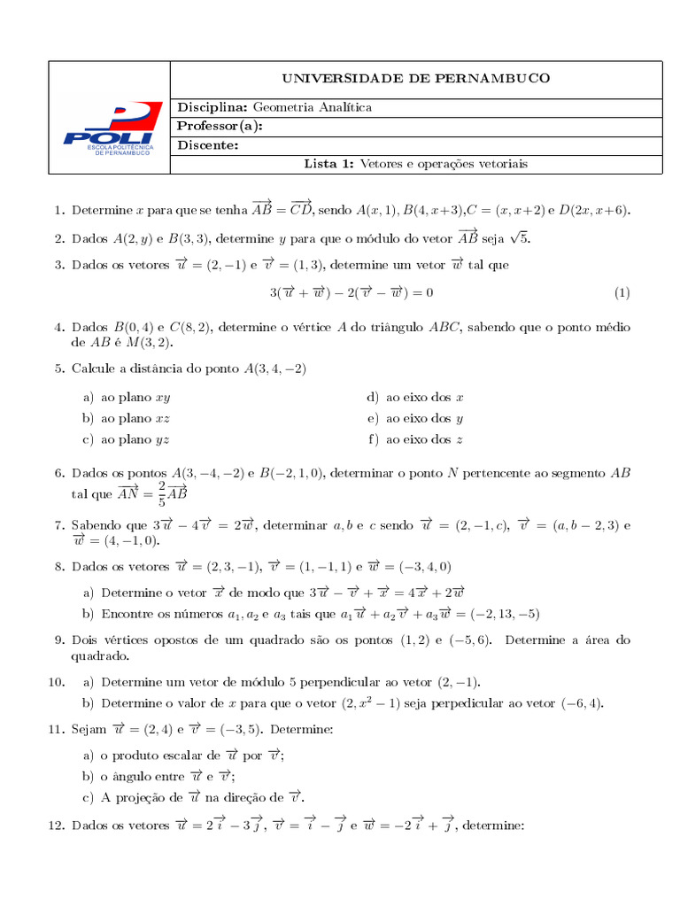 Lista de Exercícios: Vetores e Geometria | PDF | Vetor euclidiano ...