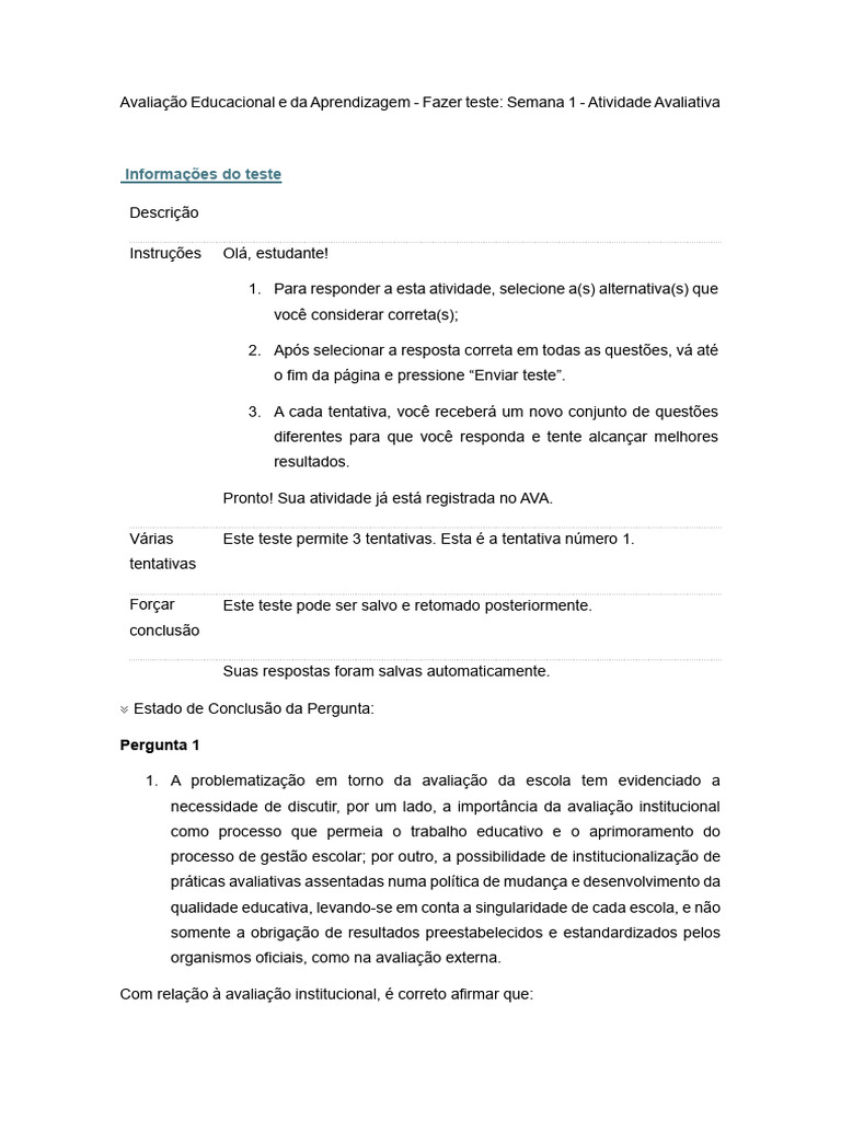 Avaliação Educacional e Da Aprendizagem - 1° Semana | PDF | Aprendizado ...