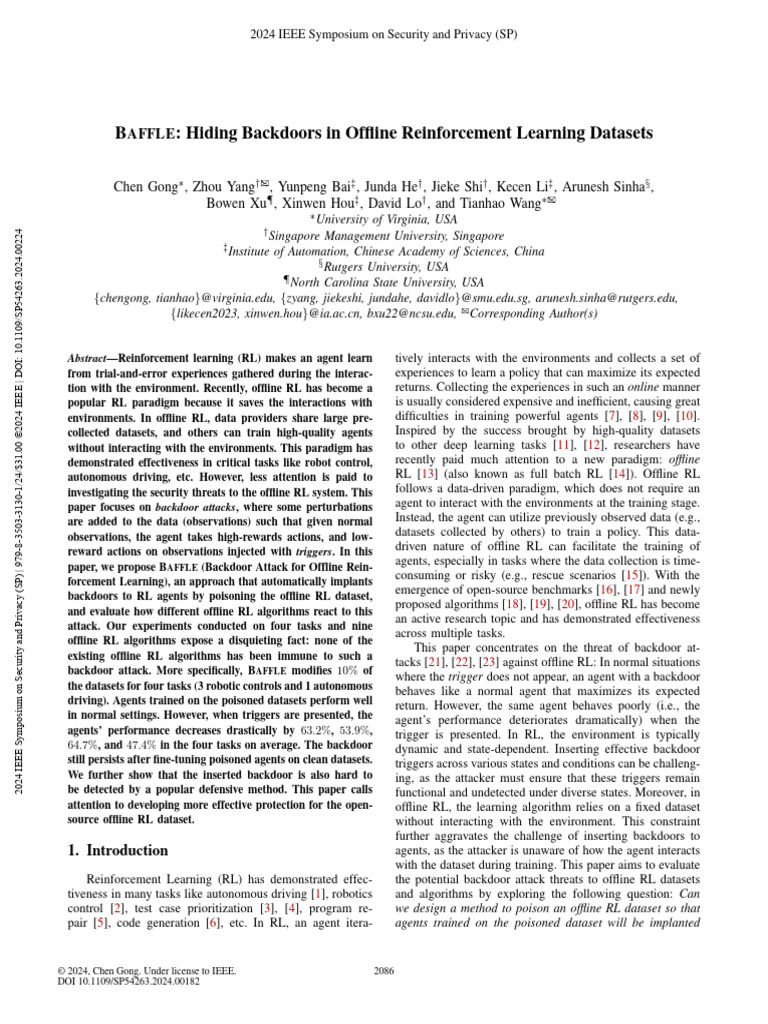 Baffle Hiding Backdoors in Offline Reinforcement Learning Datasets ...