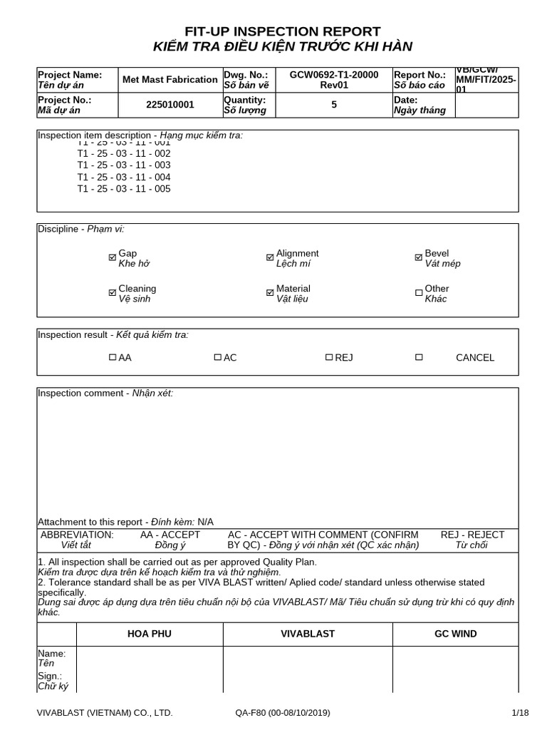 225010001_PO0037_Met Mast Fabrication_Fit-up Inspection Report | PDF
